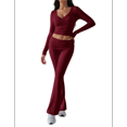 thumbnail image 2 of Conjunto Deportivo de 2 Piezas para Mujer, Camiseta de Larga, Pantalones Acampanados, Chándal Informal, Color Vino Tinto, Talla XS, 2 of 8