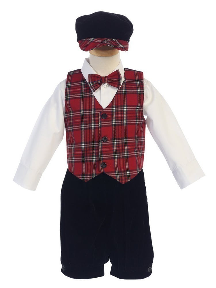 Lito Baby Boys Red Black Plaid Pattern Vest Velvet Knicker Set Outfit 3-24M