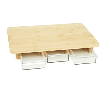 Wooden Chopping Board - Mind Reader Cutting Board Heavy Duty Wooden, Chopping Board with 3 Acrylic Drawers for Vegetables, Fruits, & Meat, Environment Friendly Bamboo Brown