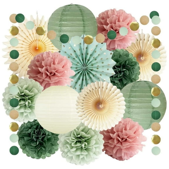 Sage Green Party Decorations, Boriyuan Paper Lanterns Tissue Paper Pompoms Paper Fan Circle Dots Garland for Birthday Engagement Bridal Shower Wedding Garden Party Supplies