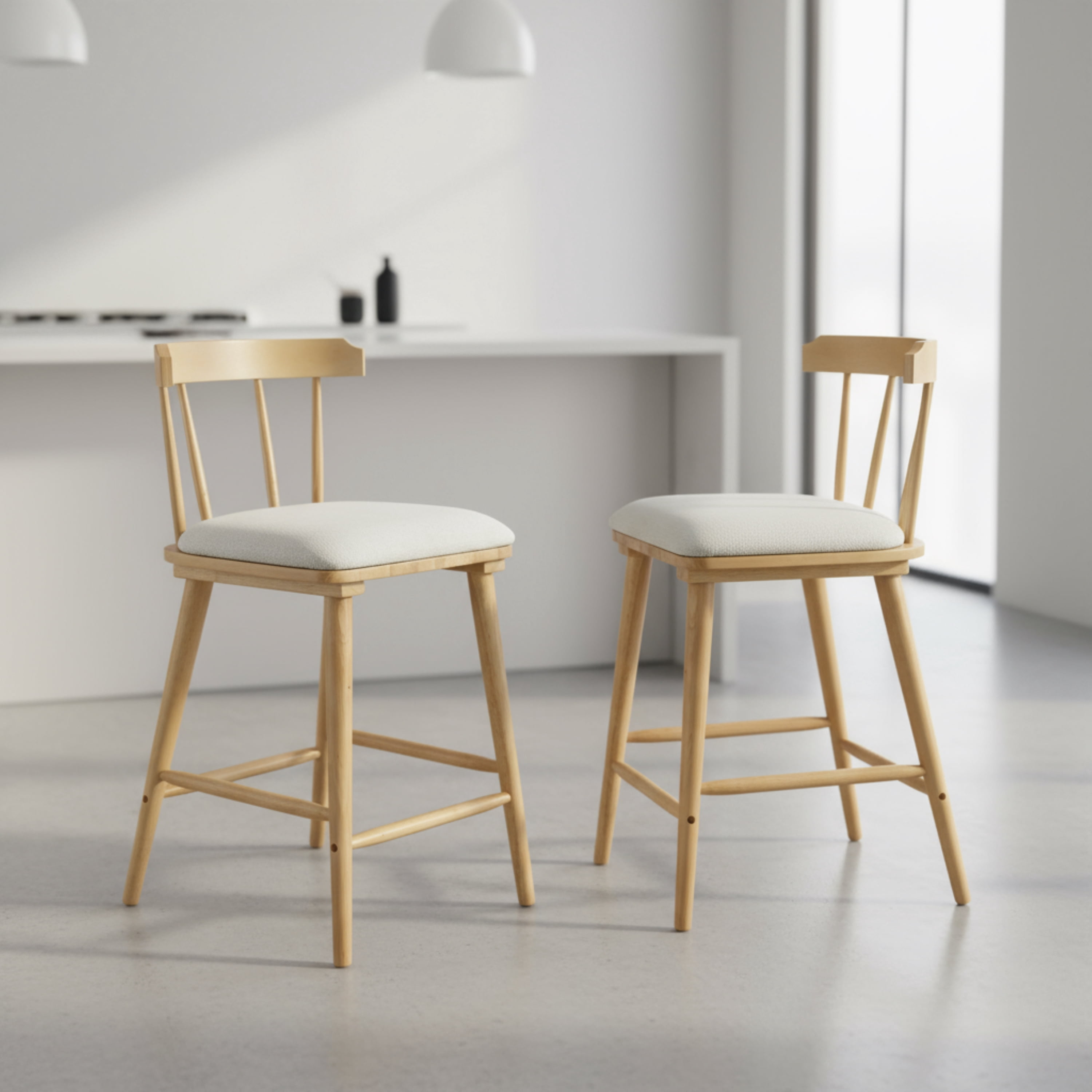 Indoor Wooden Upholstered Counter Stool, Natural Finish with Beige Upholstery, Windsor Style, Set of 2