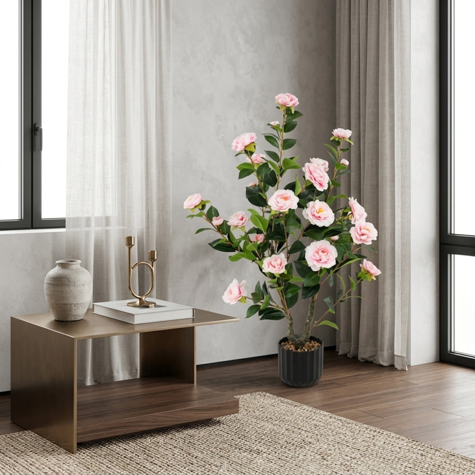 Vebreda Artificial Plant Decor, 38 Inch Artificial Camellia Tree Faux Flower Plant in Cement Pot, Gorgeous and Vivid Appearance