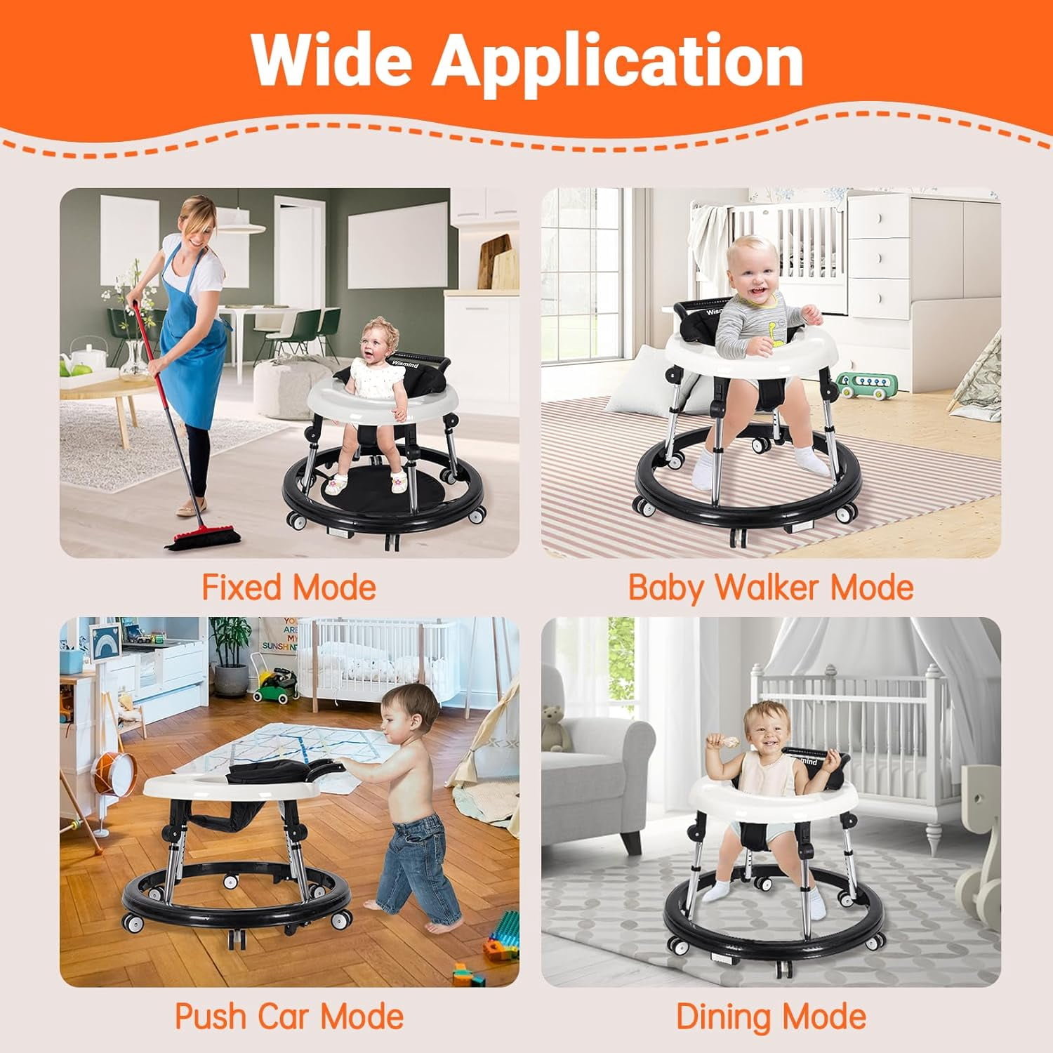 Baby Walker, Portable/Foldable/9 Adjustable Heights/With Wheels/Anti-Rolling, For Babies 6-12 Months,Black