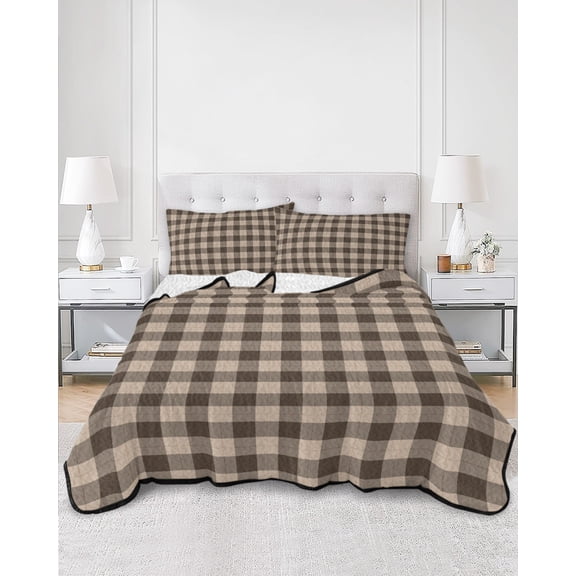Quilts Twin XL Size, Brown Gingham Soft Comforter Bedding Set for Bed, Farmhouse Buffalo Plaid Checkered Lightweight Quilted Bedspread with Pillow Cover(2 Pieces) for All Season, 68x98 Inch