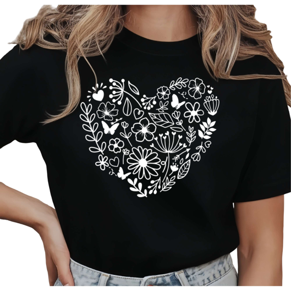 UNISHE Women's Heart Shape Floral Doodle Graphic Tee White Line Art Nature Print Casual Summer Top