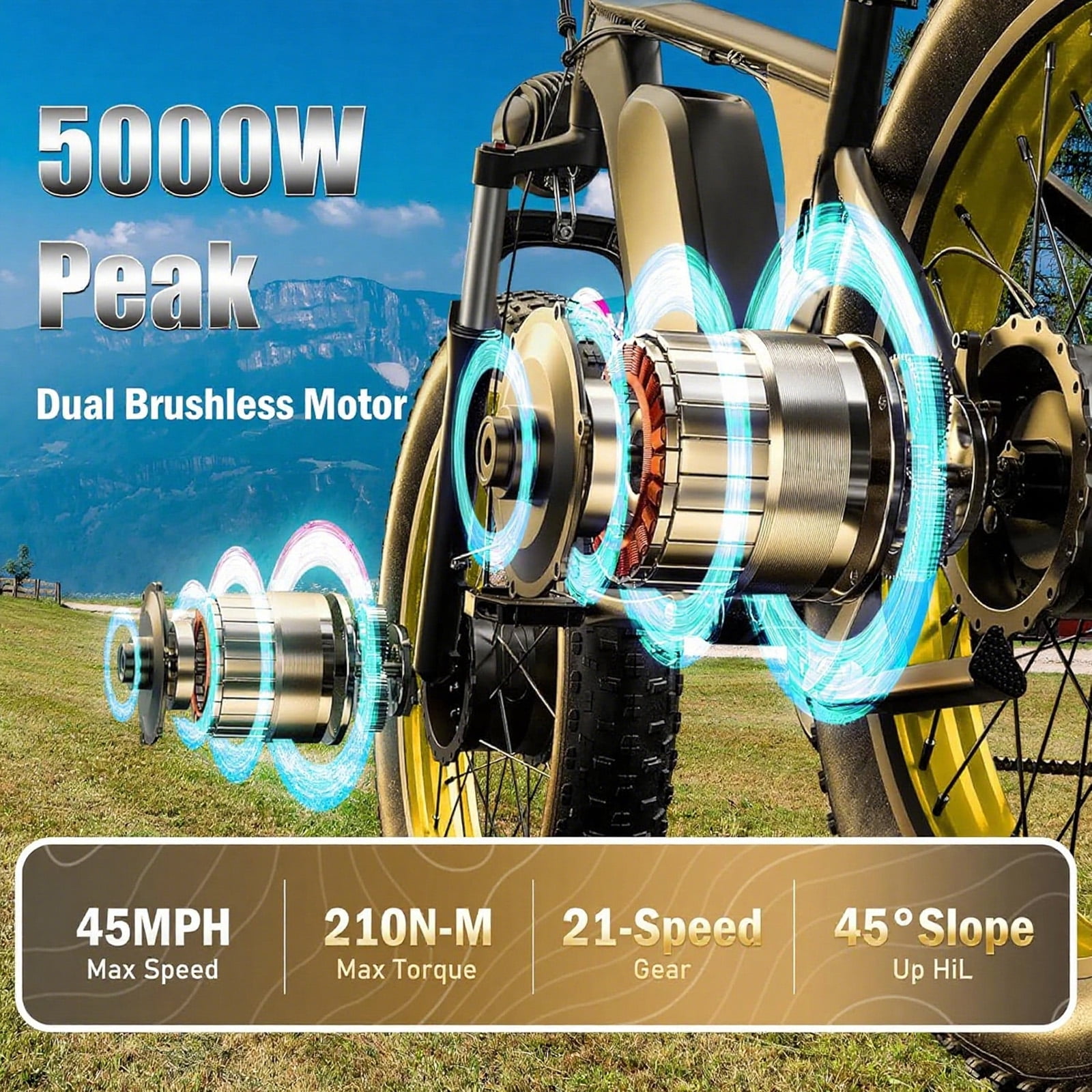 5000W Peak Dual Motor AWD Electric Bike, 60V 25AH 21-Speeds 45MPH 26" Fat Tire Mountain Snow E Dirt Bicycle