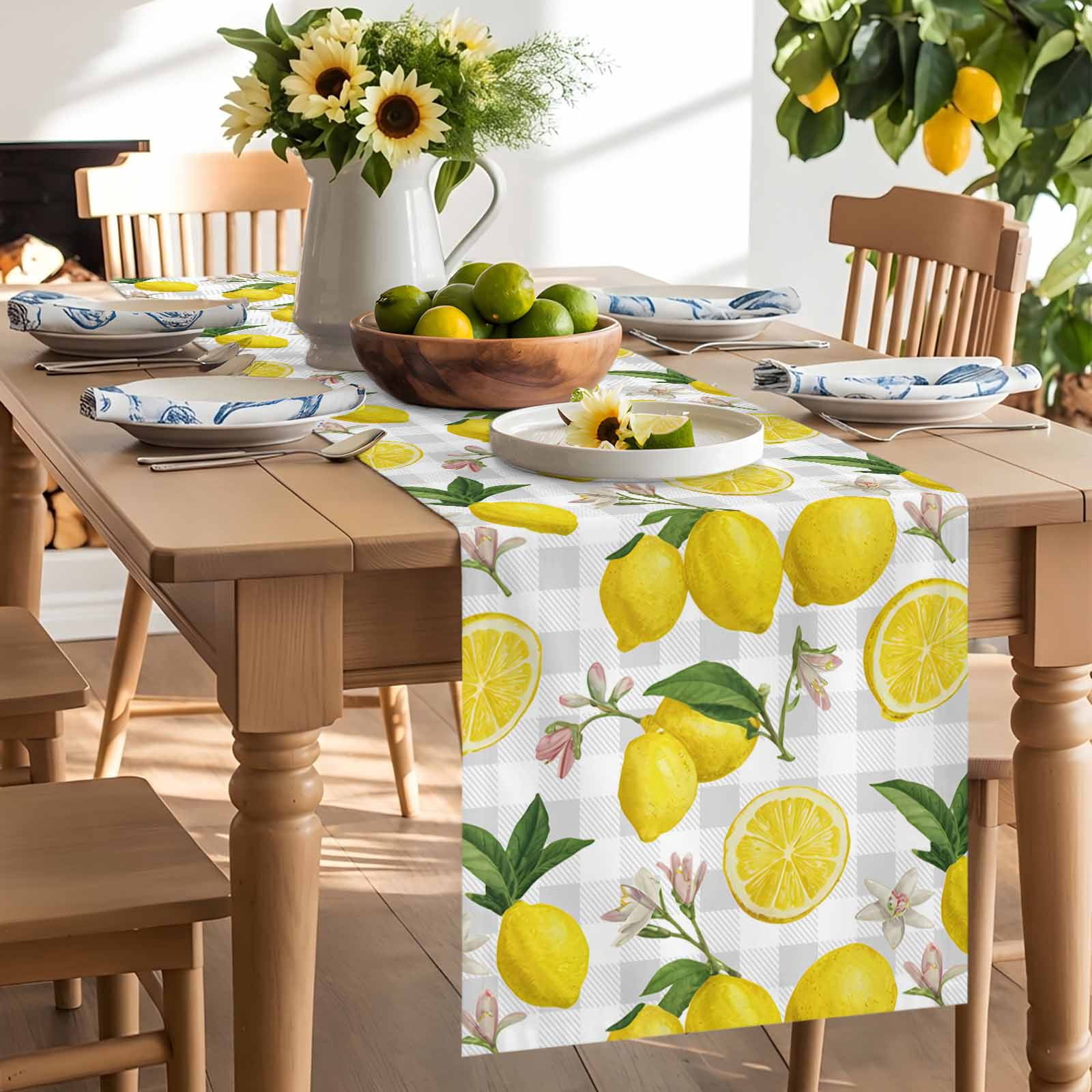 Summer Lemon Flower Leaves Table Runner 90 Inches Long, Grey White Plaid Lattice Table Runners Tabletop Scarf Kitchen Dining Tables Decoration for Home Party Indoor Outdoor