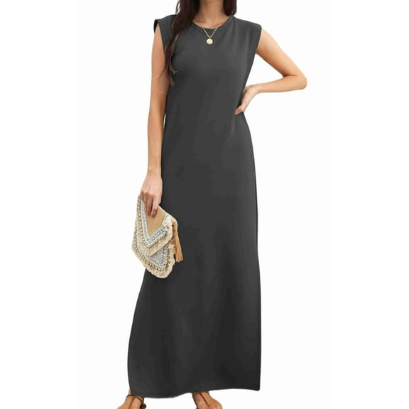 2025 Women Summer Round Neck Casual Loose Split Wrinkle-Free Long Maxi Vacation Dress with Pockets