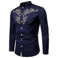 thumbnail image 2 of IROINNID Button Up Shirts for Men Floral Embroidery Slim Fit Long Sleeve Band Collar Dress Shirts,Navy, 2 of 4