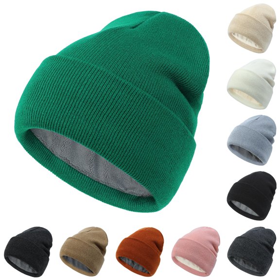 XIAOCHA Fleece‑Lined Beanie for Women Solid Hats Casual Fall‑Winter Toque,Green
