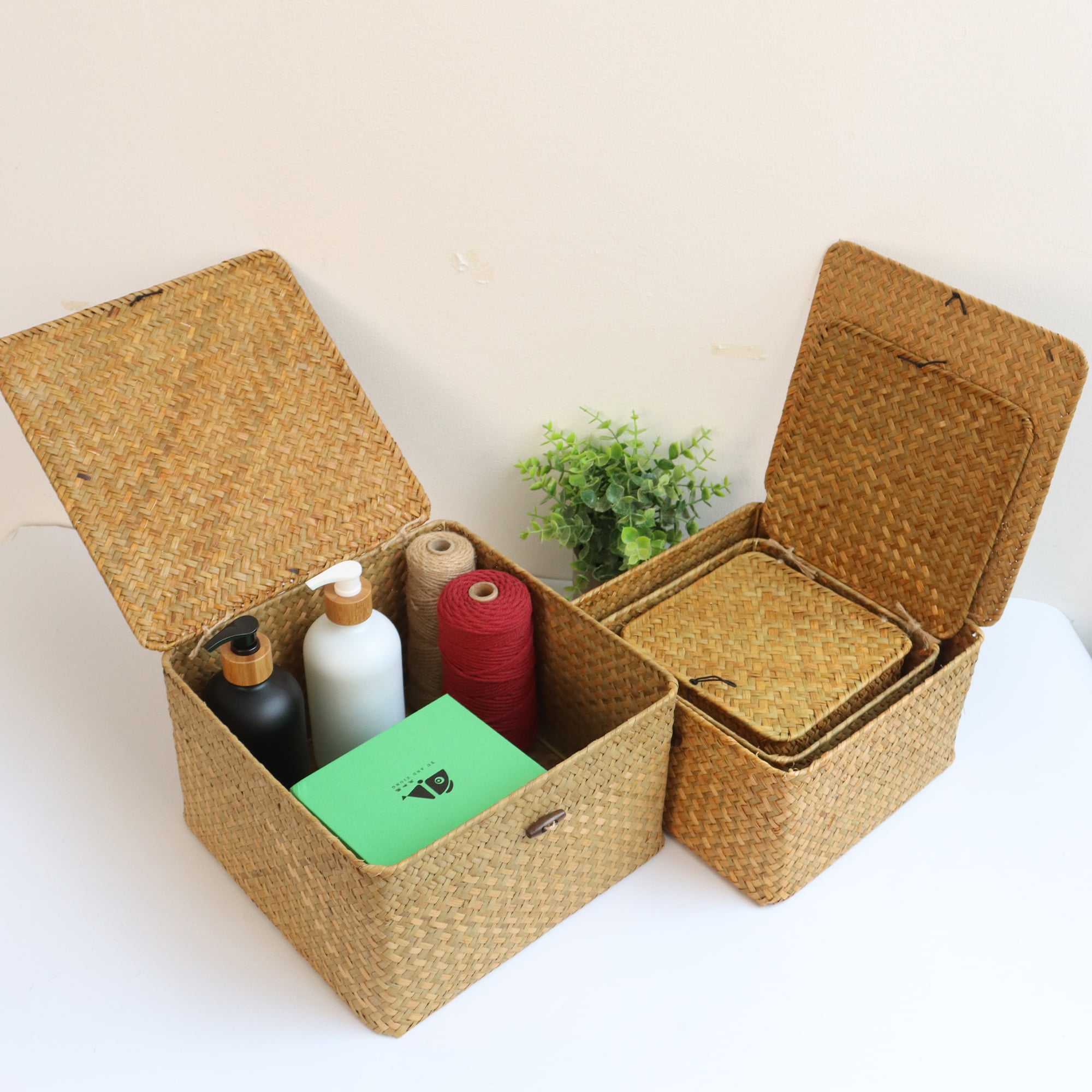 BlueMake 4Pcs Wicker Storage Baskets with Lids Seagrass Woven Baskets for Shelves Stackable Storage Boxes for Organizing Rattan Bins - Natural