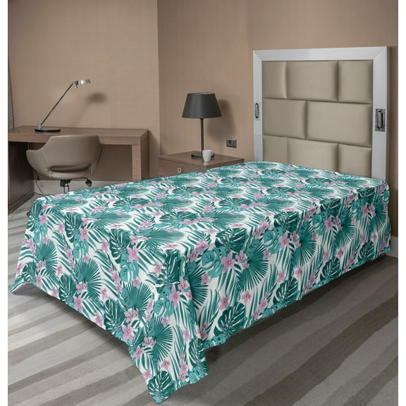 Ambesonne Tropical Flat Sheet, Jungle Coconut Monstera, Twin Size, Dark Teal and Purple