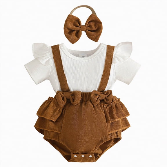 CAICJ98 Newborn Baby Girl Summer Clothes Infant Romper Floral Suspender Dress Ruffle Short Sleeve Onesie Spring Outfit Jumpsuit with Headband (Coffee,3-6 Months)