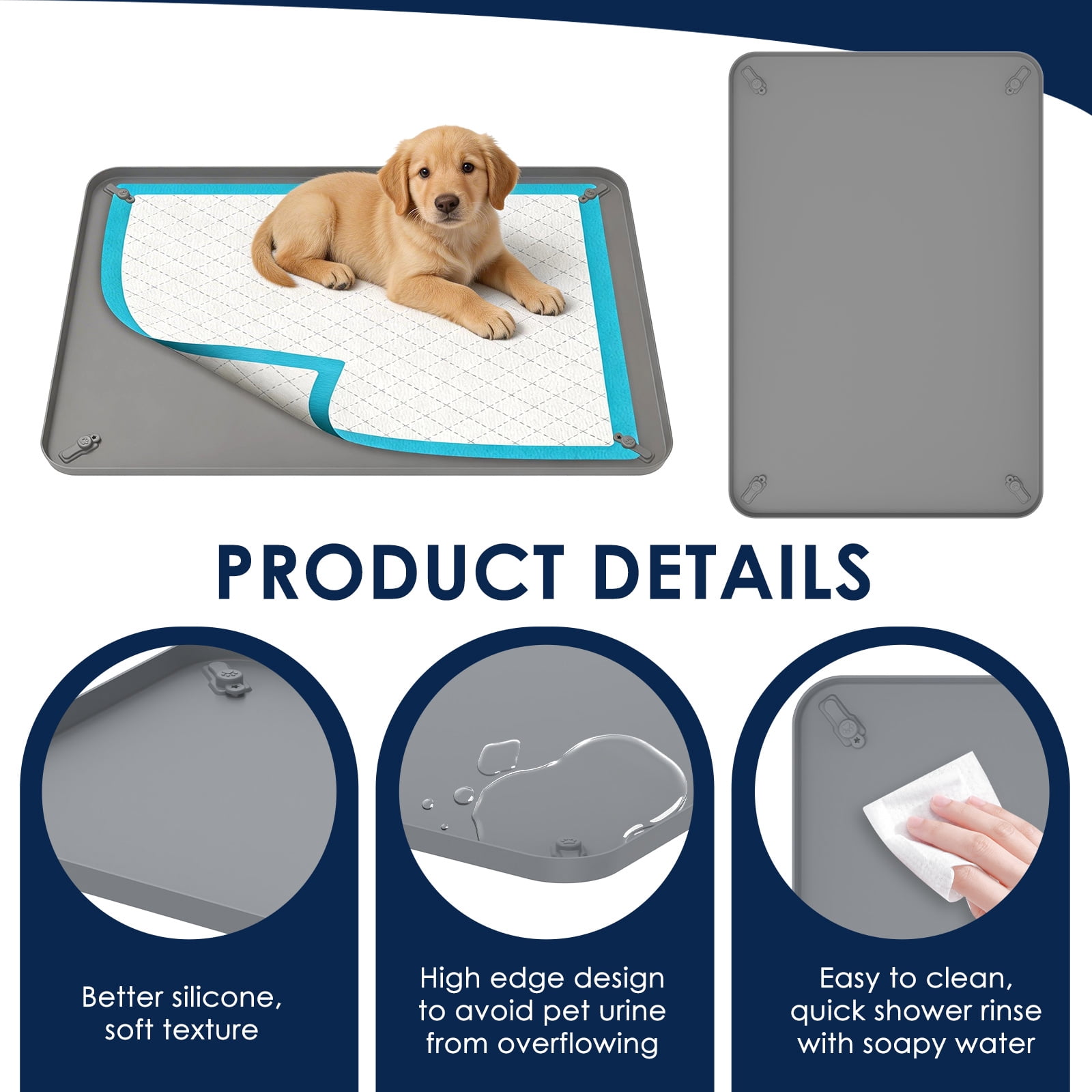 Pee Pad Tray Holder for Dogs - Fits Up to 36.3x25.28 in. Square Potty Training Pads No Spill Raised Lip High Edge Silicone Mat, Extra Thick and Non-Slip for Indoor Floor Protection (L, Grey)