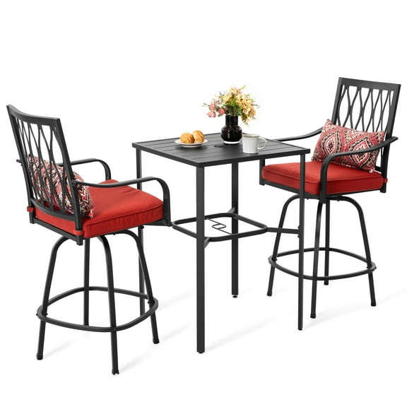 Nuu Garden 3PCS Patio Bar Set, 2 Swivel Bar Stools with Red Padded Cushions, 28'' Square Metal Bar Height Bistro Table with Slatted Tabletop & 1.7'' Umbrella Hole, Black
