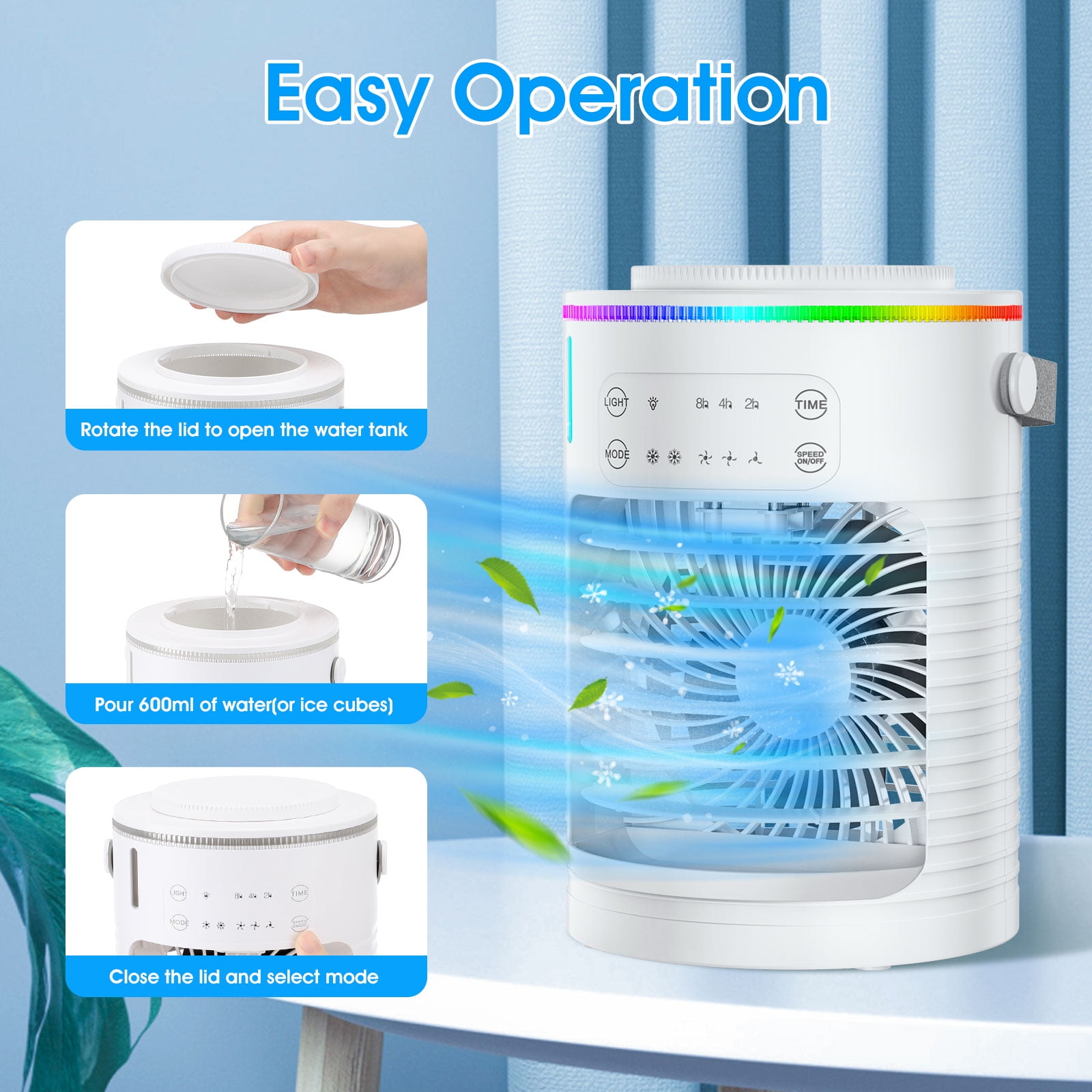 Portable Air Conditioners & Cooler - 3-Sec Fast Cooling, 600mL Tank with Ice Compartment, 3 Fan Speeds + 2 Mist Modes, 48dB Ultra-Quiet, Adjustable Airflow - for Bedroom, Office & Travel