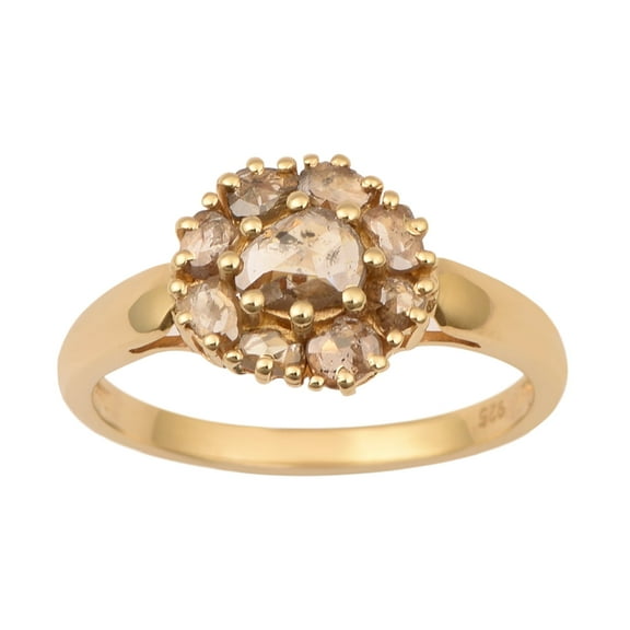 Mooneye 1.00Ct Rose Cut Champagne Diamond 925 Sterling Silver Gold Plated Cluster Women Wedding Ring