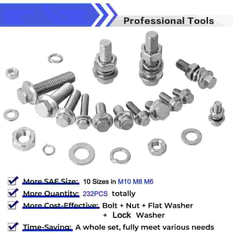 The Bolt Barn 232-Piece Stainless Steel Metric Flange Screw Bolt & Nut Assortment Kit – A2-70, Hex Flange