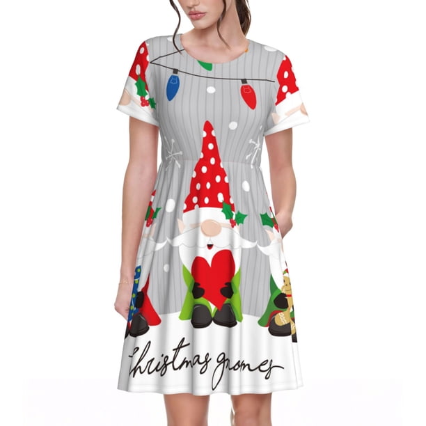 Balery Merry Christmas Gnome1 Vestidos sueltos de manga corta para mujer, vestidos de verano 2025, vestidos casuales de corte A con vuelo.