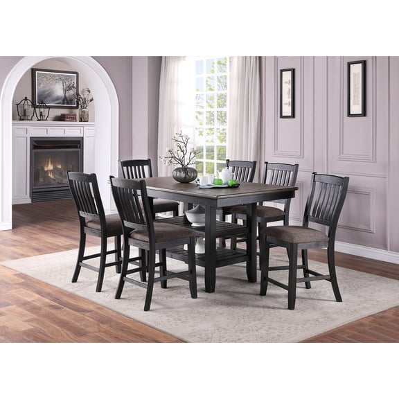 Miekor Furniture Transitional Dining Room 7pc Set Dark Coffee Rubberwood Counter Height Dining Table w 2x Shelfs and 6x High Chairs Fabric Upholstered seats Unique Back Counter Height Chairs 28248