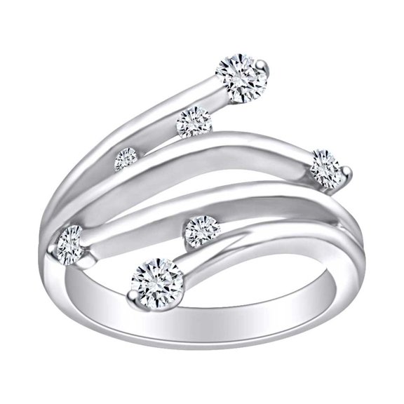 AFFY 3/4 Carat Round Cut White Natural Diamond Fashion Bypass Anniversary Ring In 14k Solid White Gold (0.75 Cttw) Ring Size-5