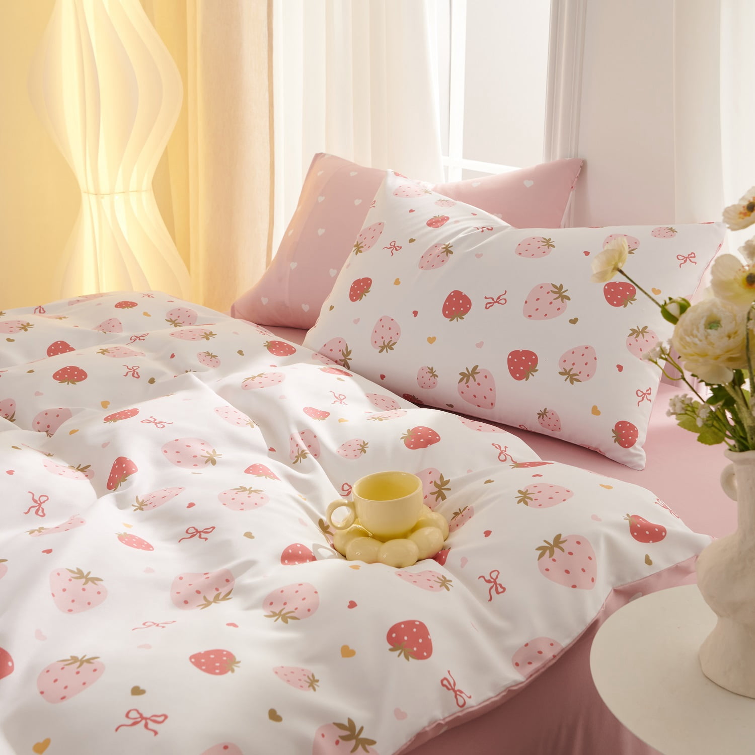 2 Pieces Strawberry Duvet Cover Set Twin Size Cute Pink Strawberry Hearts Bedding Set, Lightweight & Breathable Perfect for Girls