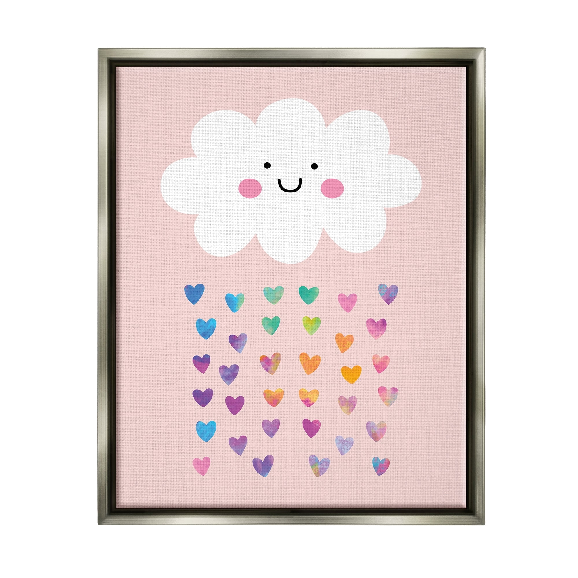 Stupell Industries Raining Rainbow Hearts with Happy Cloud Luster Gray Framed Floating Canvas Wall Art, 24x30, by Seven Trees Design