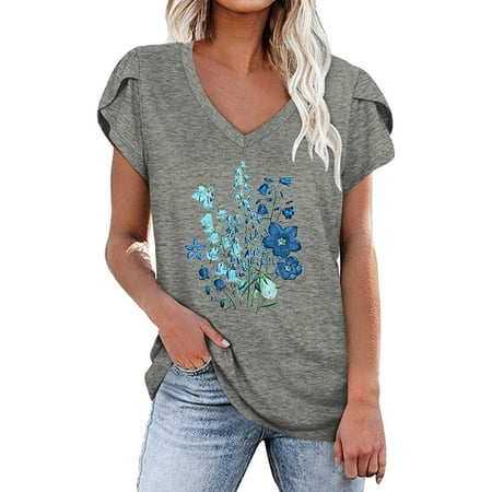 

Fsqjgq Plain Short Sleeve Shirts for Women s Petal Sleeve Shirt Floral Tops Elegant Blouses for Women V Neck Shirts Plus Size Tops Womens Pajama Top Polyester Grey Xl
