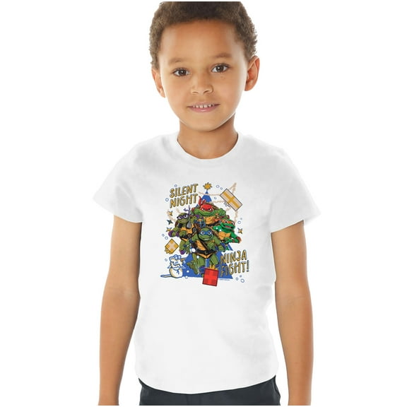 TMNT: Mutant Mayhem Christmas, Silent Night, Ninja Fight Kids T Shirt (4) for Toddler Boys and Girls, White
