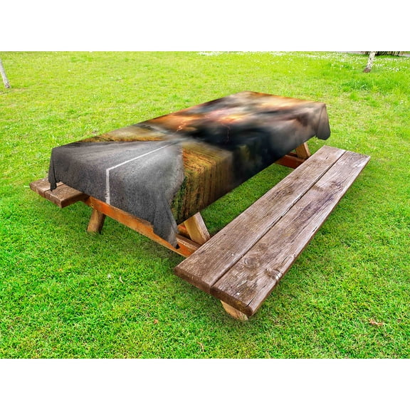 Nature Outdoor Tablecloth, Dusty Storm Clouds and Thunder over Highway in Field Electrical Activity Print, Decorative Washable Fabric Picnic Tablecloth, 58 X 104 Inches, Orange Grey, by Ambesonne