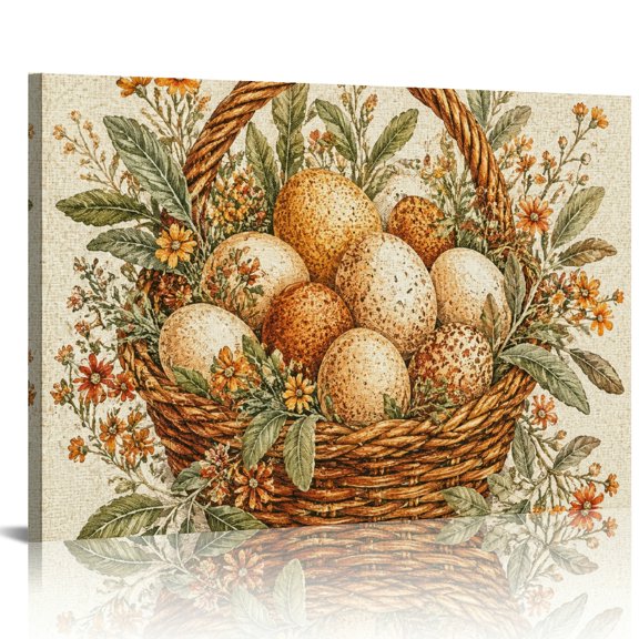 Patifu Easter Eggs In Flower Basket Canvas Wall Art for Living Room Bedroom Bathroom Decor 24x16in