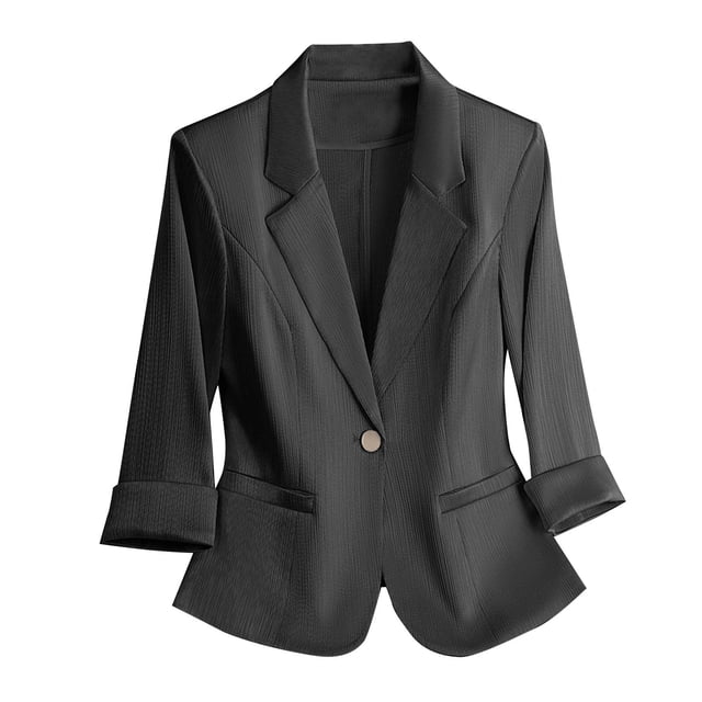 Blazer pour Femmes, Col Rabattu, Manches 3/4, Couleur Unie, Poches Fonctionnelles, Mélange Polyester, Tenue de Travail Décontractée
