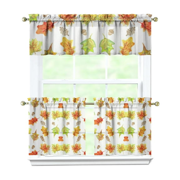 Fall Kitchen Curtains 24 Inch Short - 3 Panel Set, Autumn Harvest Print, Rod Pocket Window Treatment for Thanksgiving, Farmhouse, Cafe, Living Room - Machine Washable