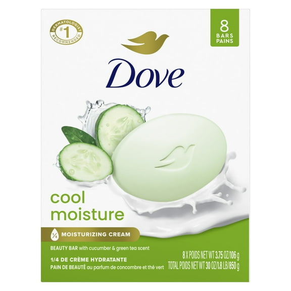 Dove Beauty Bar Women's Bath Soap Cool Moisture Cucumber & Green Tea Scent, 3.75 oz 8 Bars