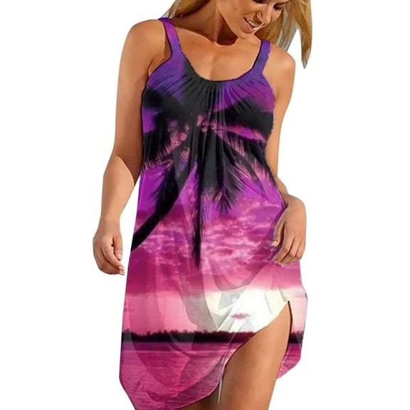 2025 Clearance! Womens Clothes Clearance asdoklhq Womens Plus Size Clearance Dresses,Beach Dresses For Women Hawaiian Tropical Print Sling Mini Dress Summer Loose Comfy Boho Sundress