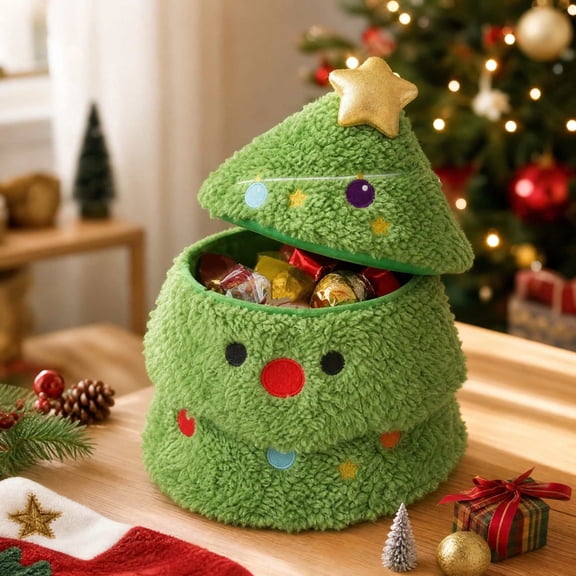 Feledorashia Christmas Storage Box, Tree Shaped Gift Basket, 11.02 Inch Fabric Container with Removable Lid for Treats Gifts and Ornaments, Soft Green Organizer for Table Shelf Mantel and Display