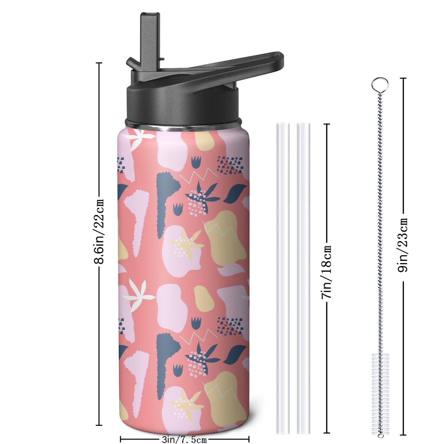 Modern 18 oz Insulated Stainless Steel Water Bottle with Straw & Cleaning Brush , Leakproof, BPA-Free, 304 Stainless Steel, Wide Mouth, Travel Mug for Car, Gym, Office