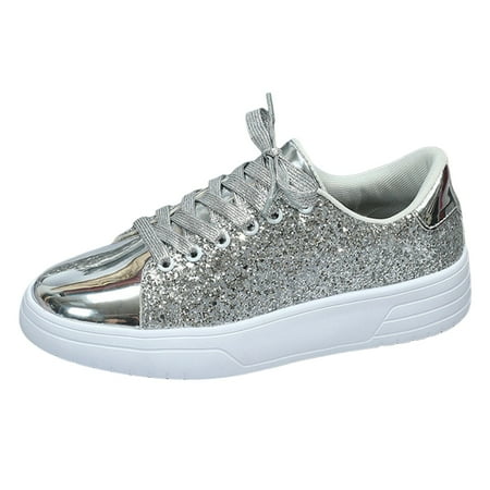 

MIASHUI Women s Flats Shoes Trendy Thick Sole Shoes Bright Face Shoes Low Top Lace Up Shoes Casual Shoes Silver 8