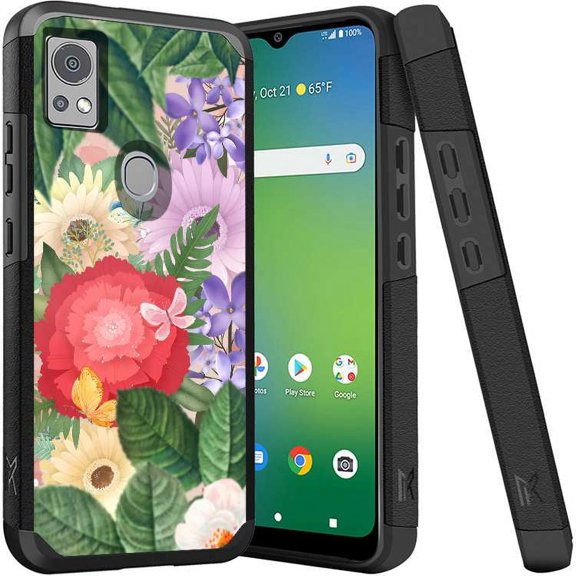 ANJ  Shockproof Dual Layer Slim Hard Case   Tempered Glass Cover Compatible with Icon 5, AT&T Motivate 4 - Flower Garden