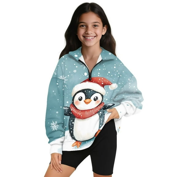 Uorisanigo Girls Half Zip Pullover Sweatshirt Oversized Drop Shoulder Cute Christmas Penguin Pullover Top Trendy Clothes Long Sleeve Lapel Zipper Sweatshirt Athletic Tops Outerwear Winter