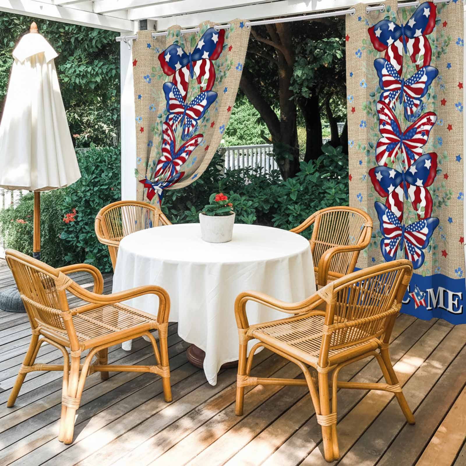 American Flag Butterfly Outdoor Curtains for Patio, Independence Day WELCOME Leaf Retro Sunshade Privacy Drapes Grommet Waterproof Outside Curtains for Porch/Cabana/Balcony 54"x 108", 1 Panel