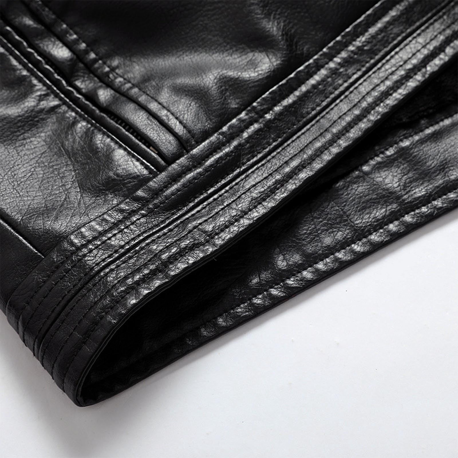Maoxin Men Leather Jacket Men Leather Jacket Multiple Pockets Zipper Loose Coat Solid Color Long Sleeved Hooded Leatherwear Coat Leather Jackets for Men Black 3XL