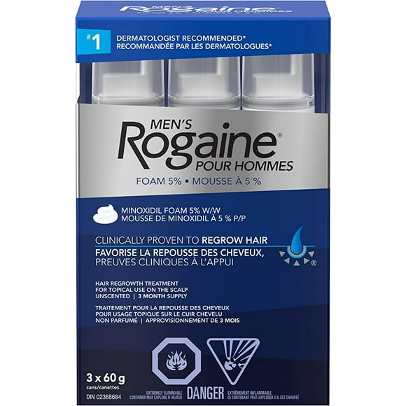 Rogaine Hommes Perte de Cheveux & Amincissement Traitement pour la Repousse des Cheveux, 5% de Mousse de Minoxidil Extra Force, 3 Mois de Traitement, Blanc