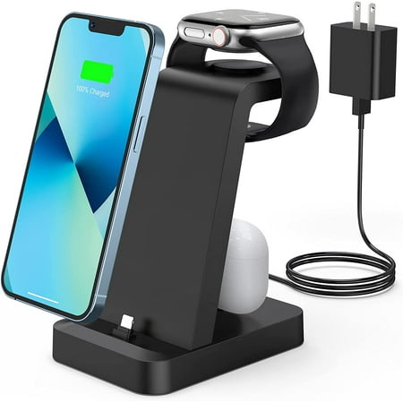 Charger Station for iPhone Multiple Devices - 3 in 1 Fast Wireless Charging Dock Stand for Apple Watch Series 7 6 SE 5 4 3 2 & Airpods for iPhone 14 13 12 11 Pro X Max XS XR 8 7 Plus 6s 6 with Adapter