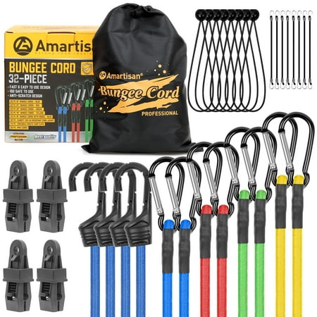 

Amartisan 32-Piece Bungee Cords with Carabiner Hooks Heavy Duty 40 32 20 18 Two Each | (4) Tarp Clips (8) Ball Bungee (8) Mini Cord