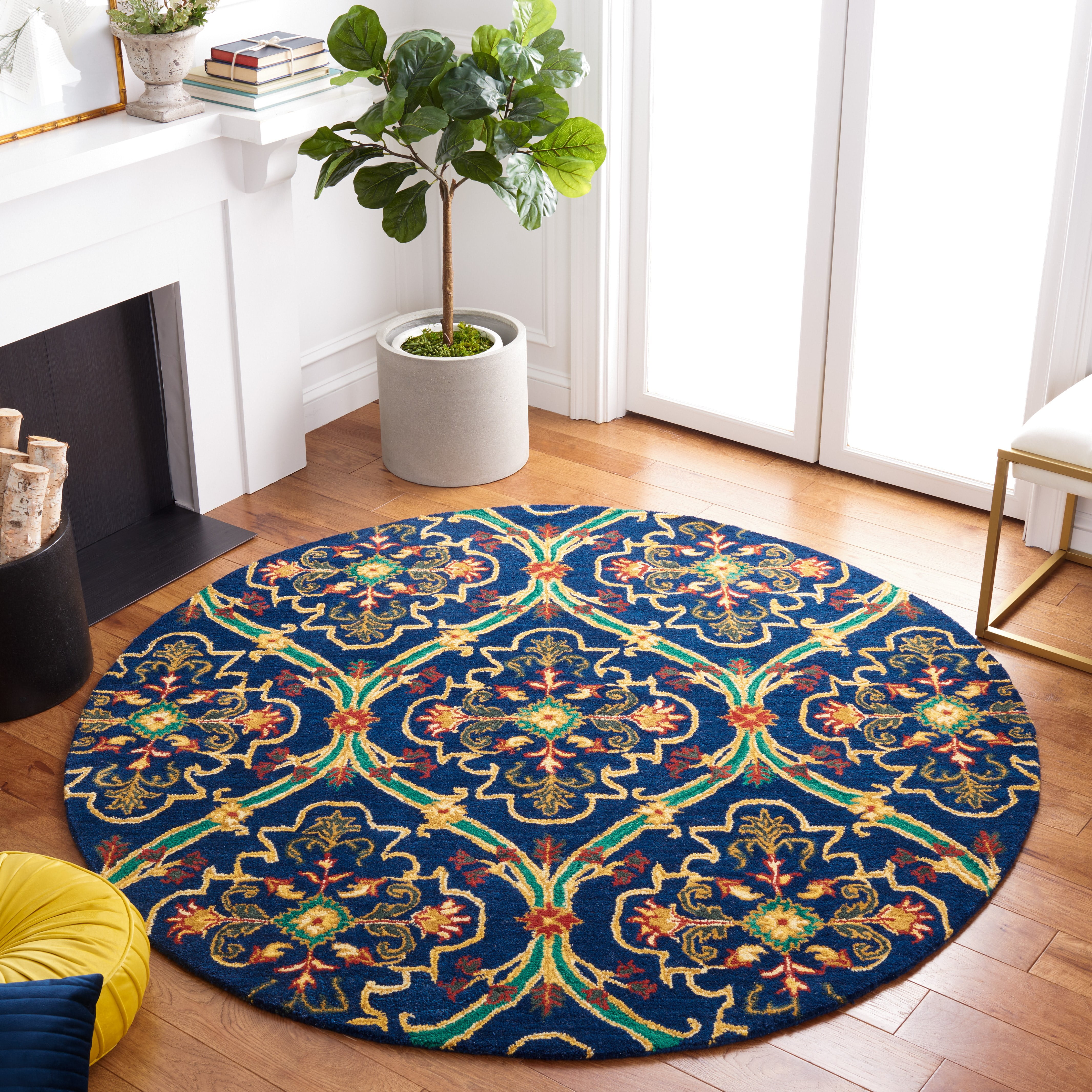 SAFAVIEH Heritage Tana Floral Area Rug, Navy/Yellow, 6' x 6' Round