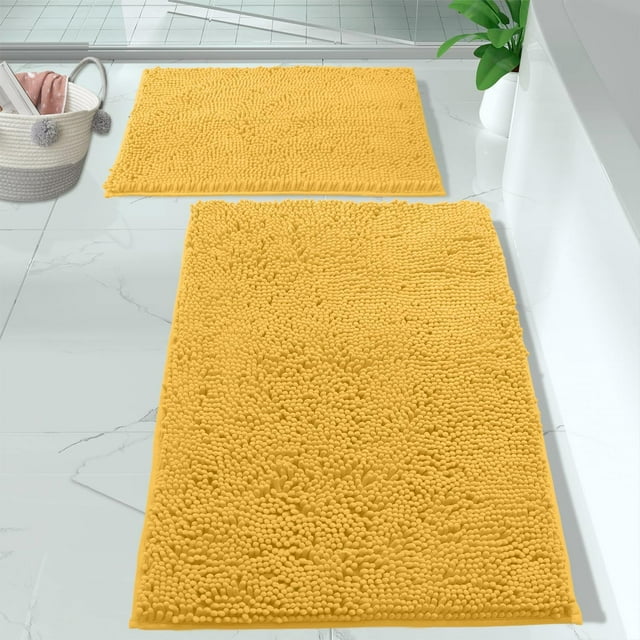 Yellow Bathroom Rug Set 2 Piece \u2013Extra-Soft Bath mat Shower Bathroom Rugs,1'' Chenille Microfiber Material, Super Absorbent (Standard Set, Yellow)