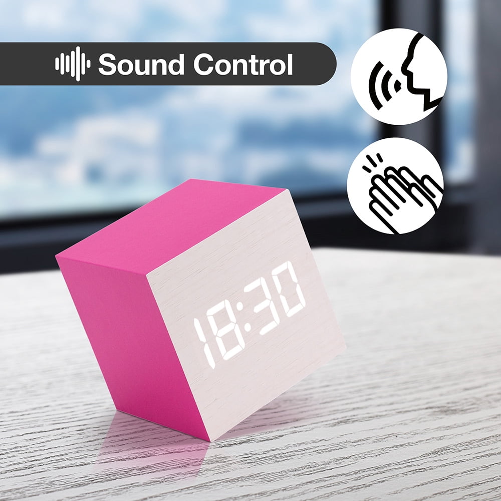 Ultra Modern Wooden LED Clock Square Cube Alarm Thermometer Timer Calendar Updated 2016 Brighter Stylish Wood Clock- White Hot Pink