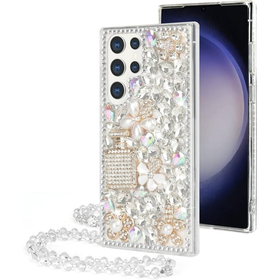 Compatible with Galaxy S24 Bling Case Luxury 3D Diamond Crystal Rhinestone Shiny Gemstone Perfume Bottle and Flower Case for Women Girls Glitter Sparkle Chain Lanyard Strap, Clear