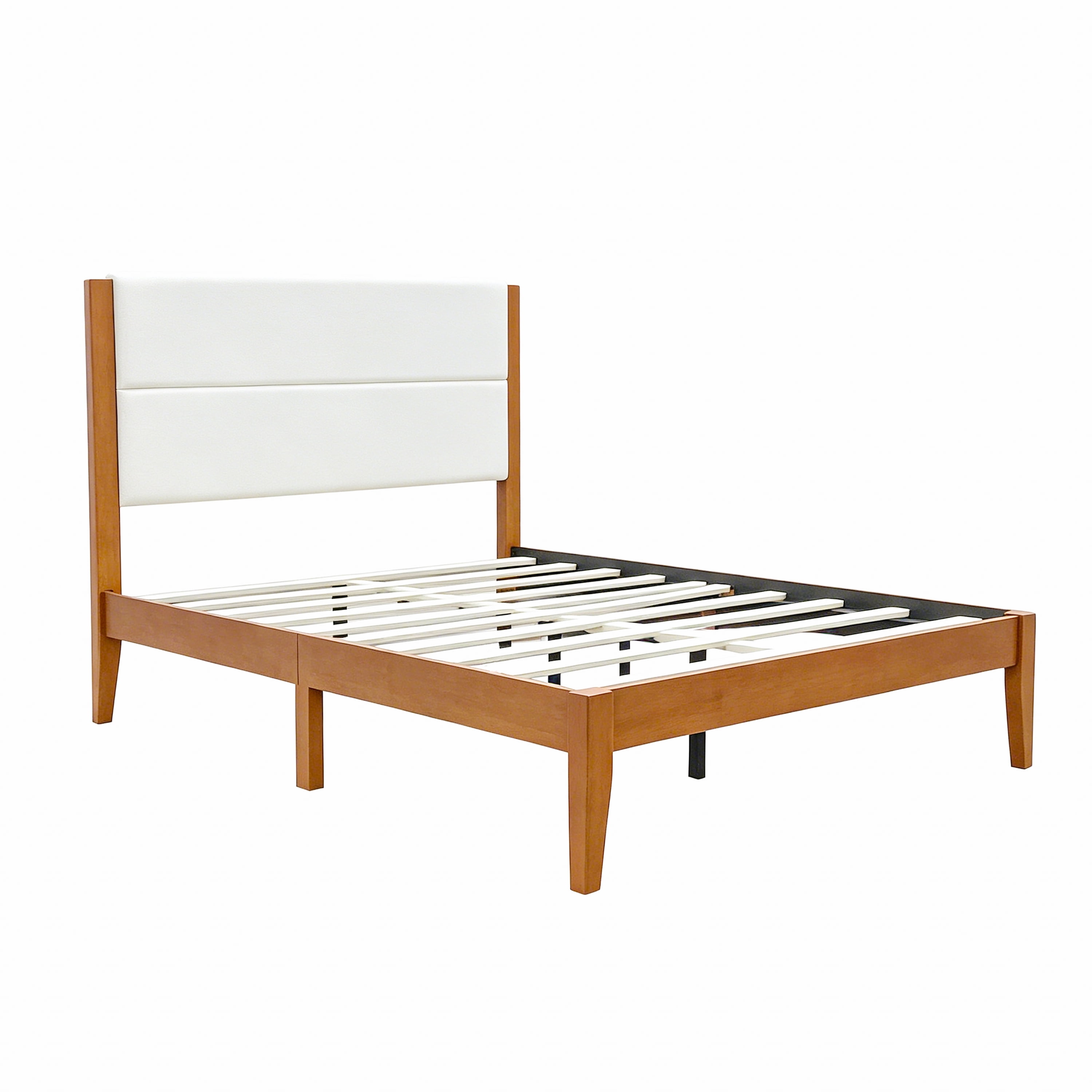 Queen Size Modern Wood Platform Bed Frame with Upholstered Headboard, No Box Spring Needed
